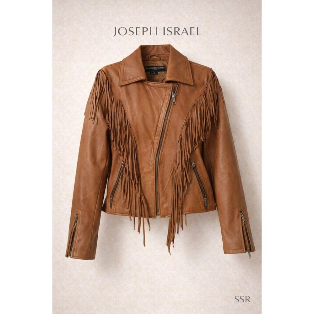 Joseph Israel Fringe Leather Jacket Women’s Medium Brown Lambskin Moto